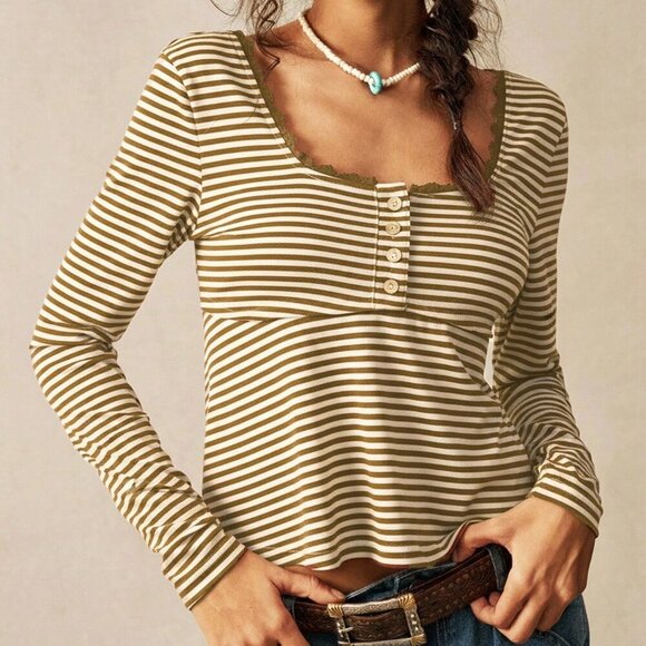 Multicolor Casual Women's Striped square Neck Long Sleeve Fitted T-Shirt - Picture 6 of 8